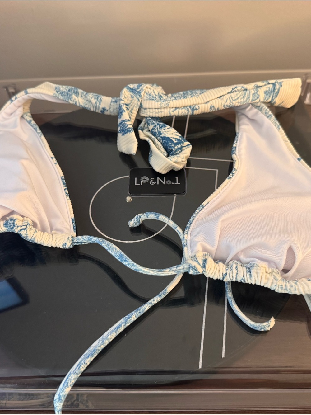 Blue Toile Print Ribbed Triangle Bikini Set - Picture 4 of 4